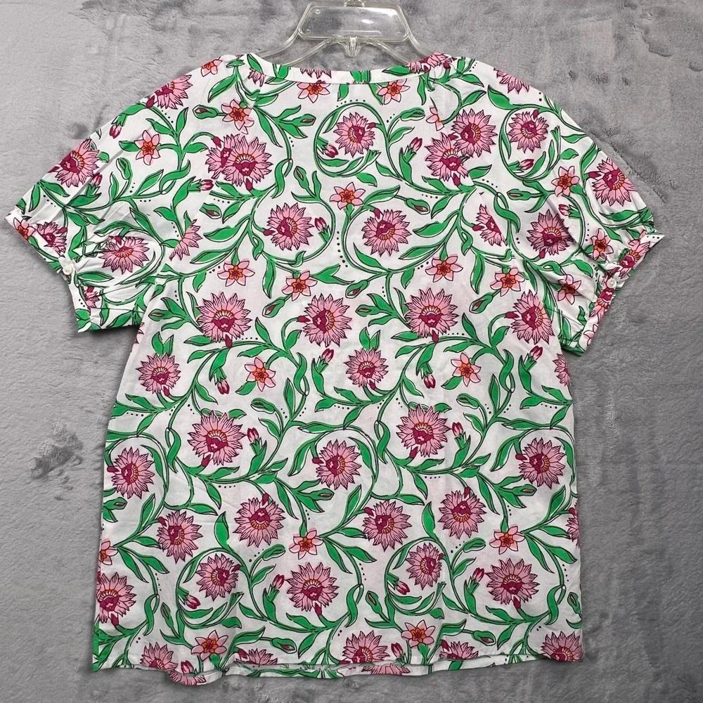 J.Crew Floral V-Neck Blouse Women XS White Pink Green Puff Sleeve CK748 NEW